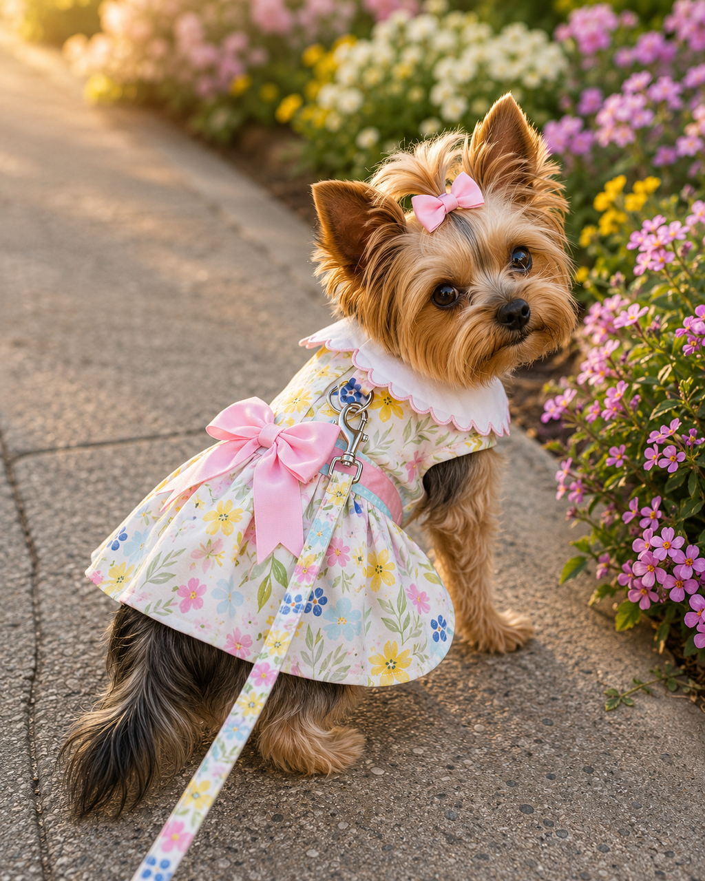 Small dog in a floral dress with pink bows standing on a path surrounded by flowers.