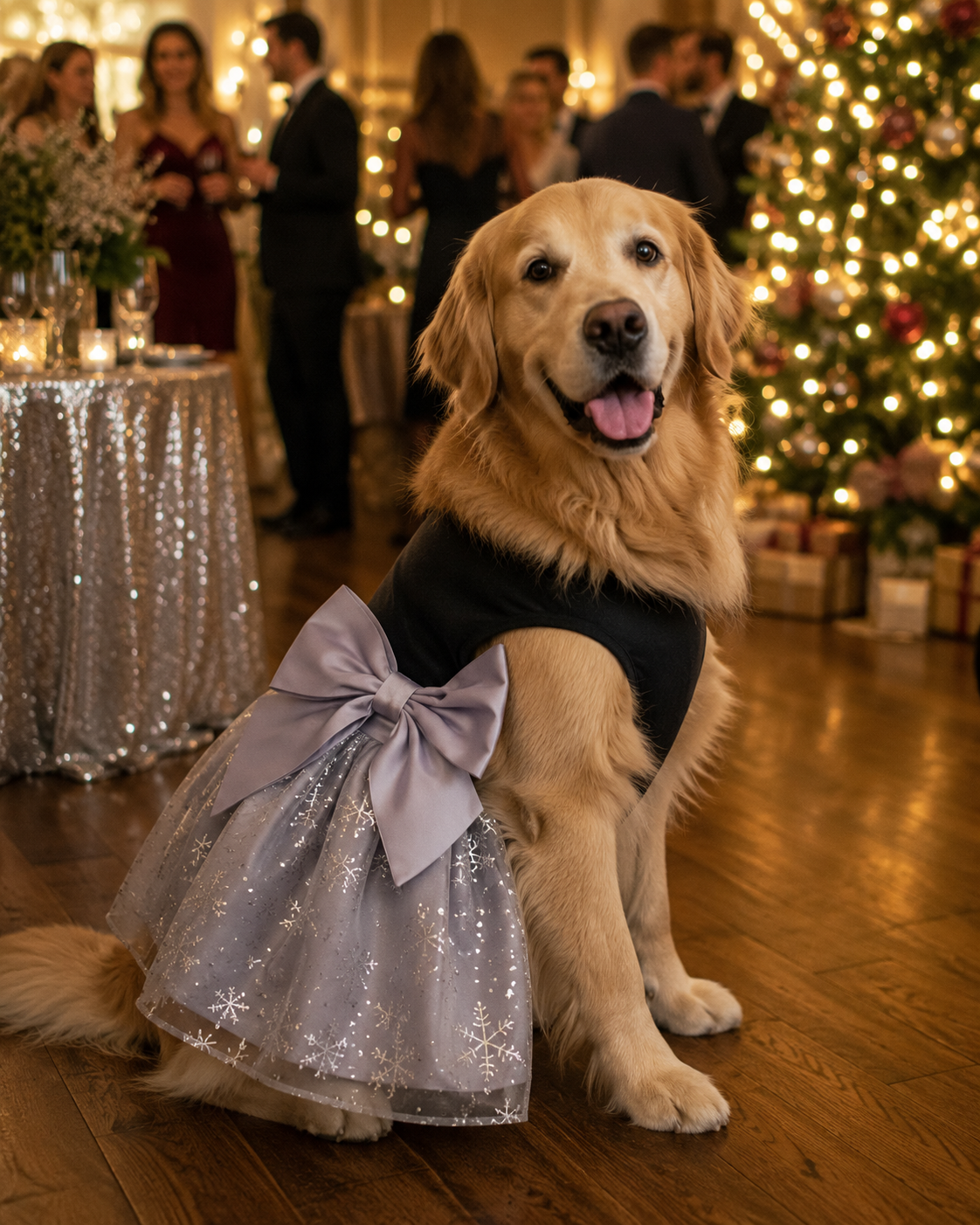 Dog in a festive dress sitting in a decorated room with Christmas tree and people in formal attire.