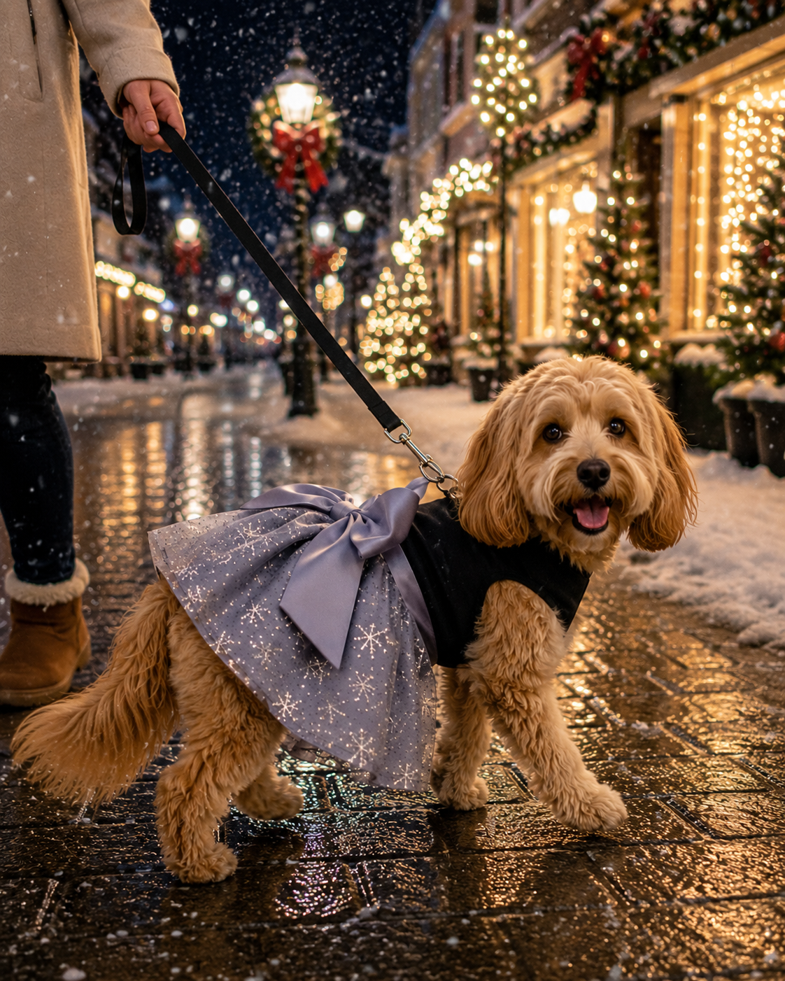 Dog in a festive outfit walking on a snowy street with decorated buildings.