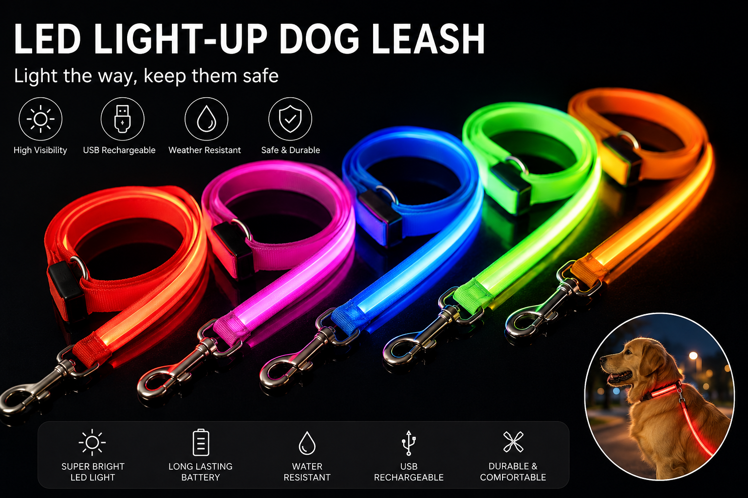 Set of colorful LED dog leashes with features highlighted on a black background