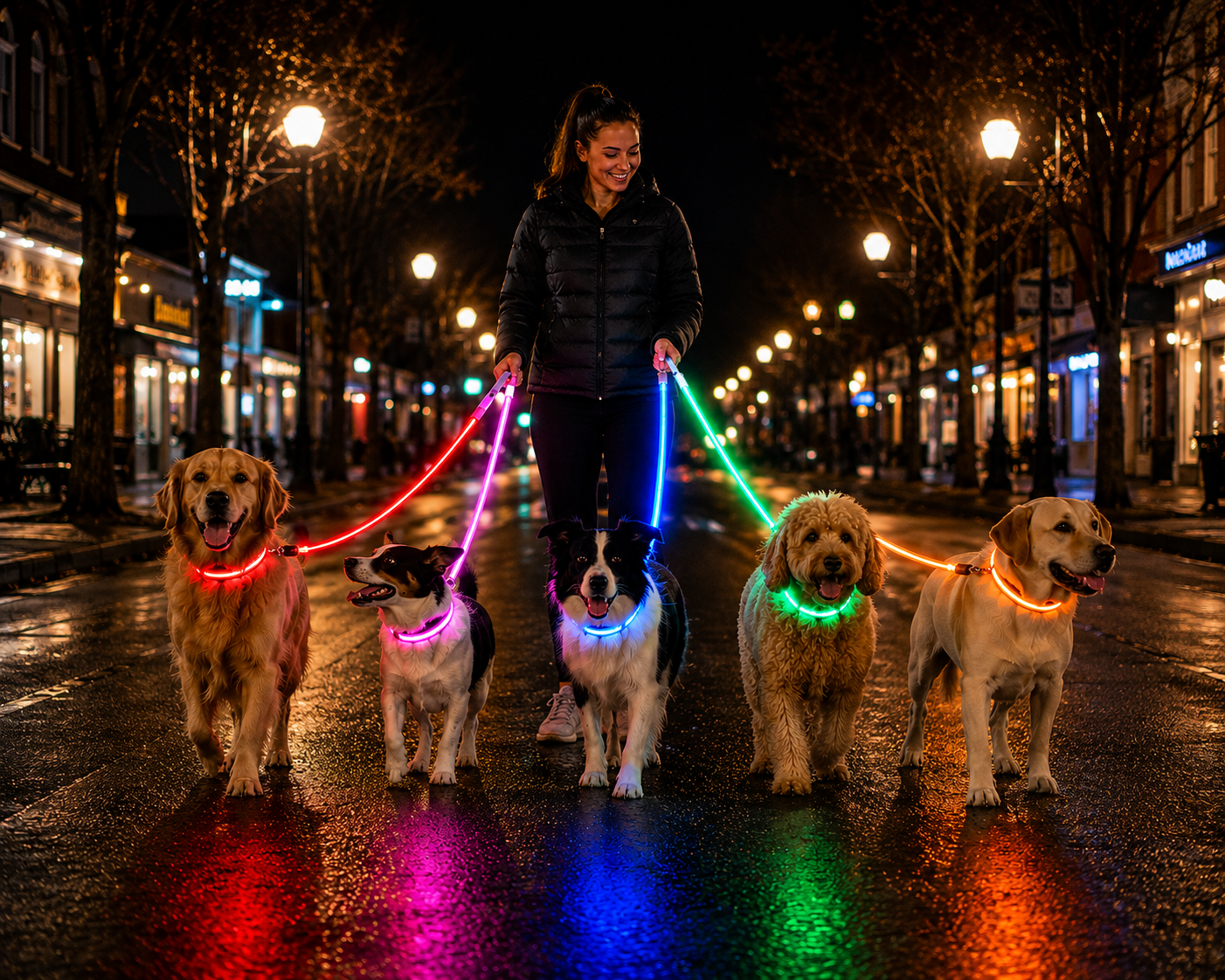 Woman walking five dogs on a city street at night with colorful LED leashes.