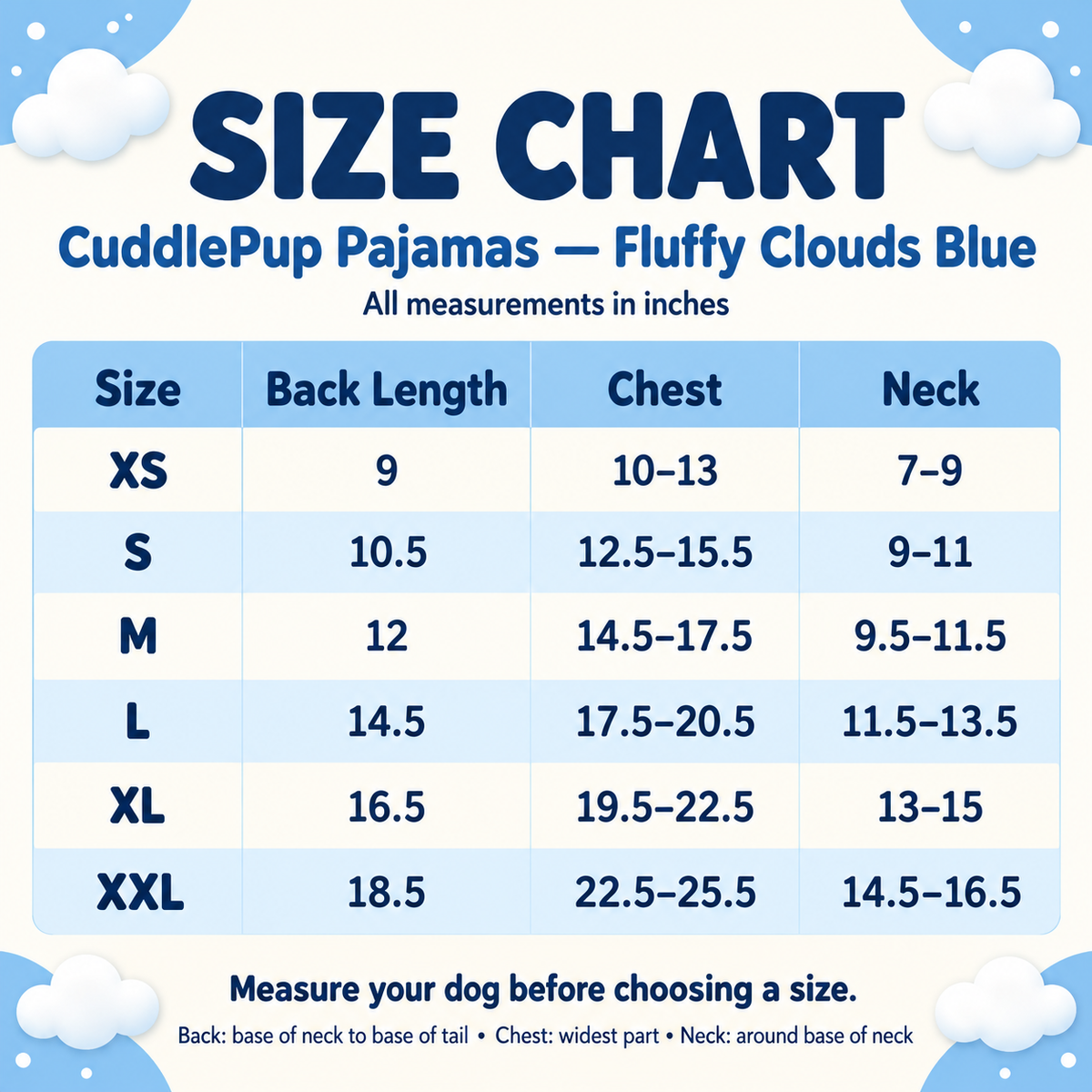 CuddlePup Dog Pajamas – Fluffy Clouds Blue