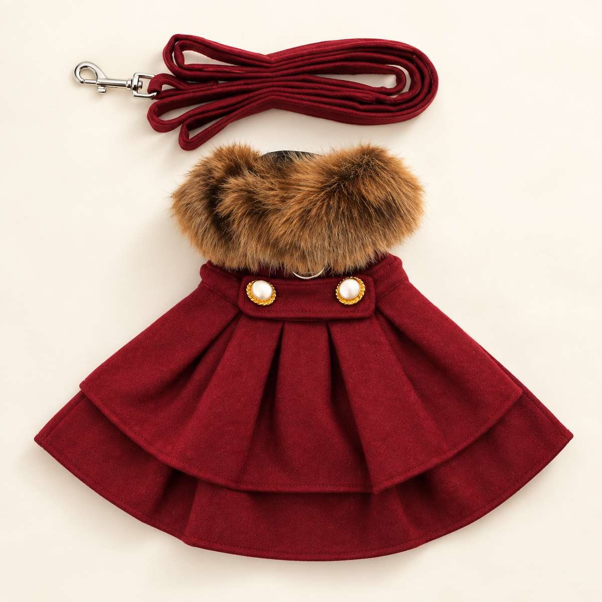 Doggie Design Wool Fur-Trimmed Dog Harness Coat - Burgundy
