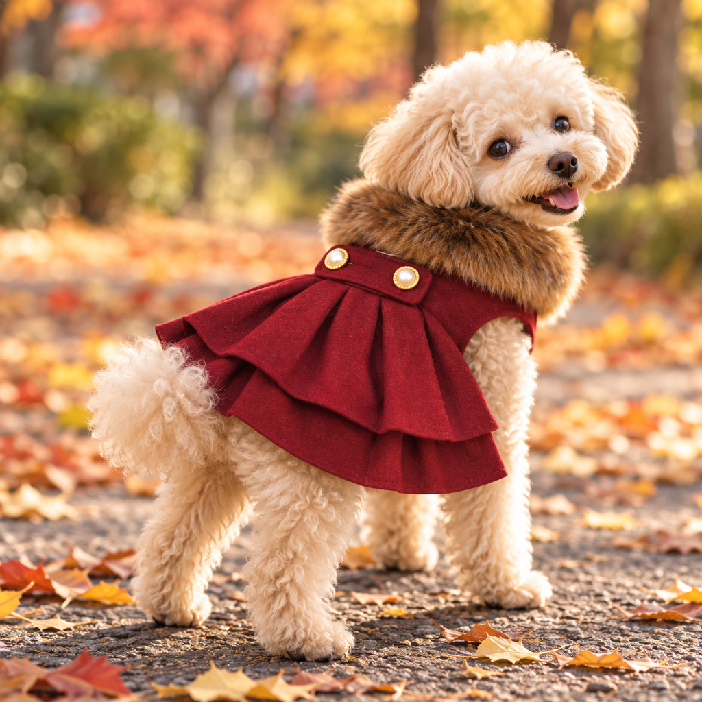 Doggie Design Wool Fur-Trimmed Dog Harness Coat - Burgundy