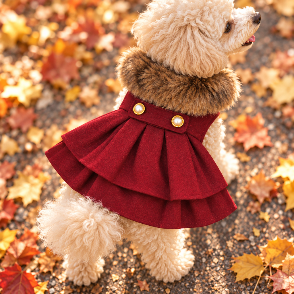 Doggie Design Wool Fur-Trimmed Dog Harness Coat - Burgundy