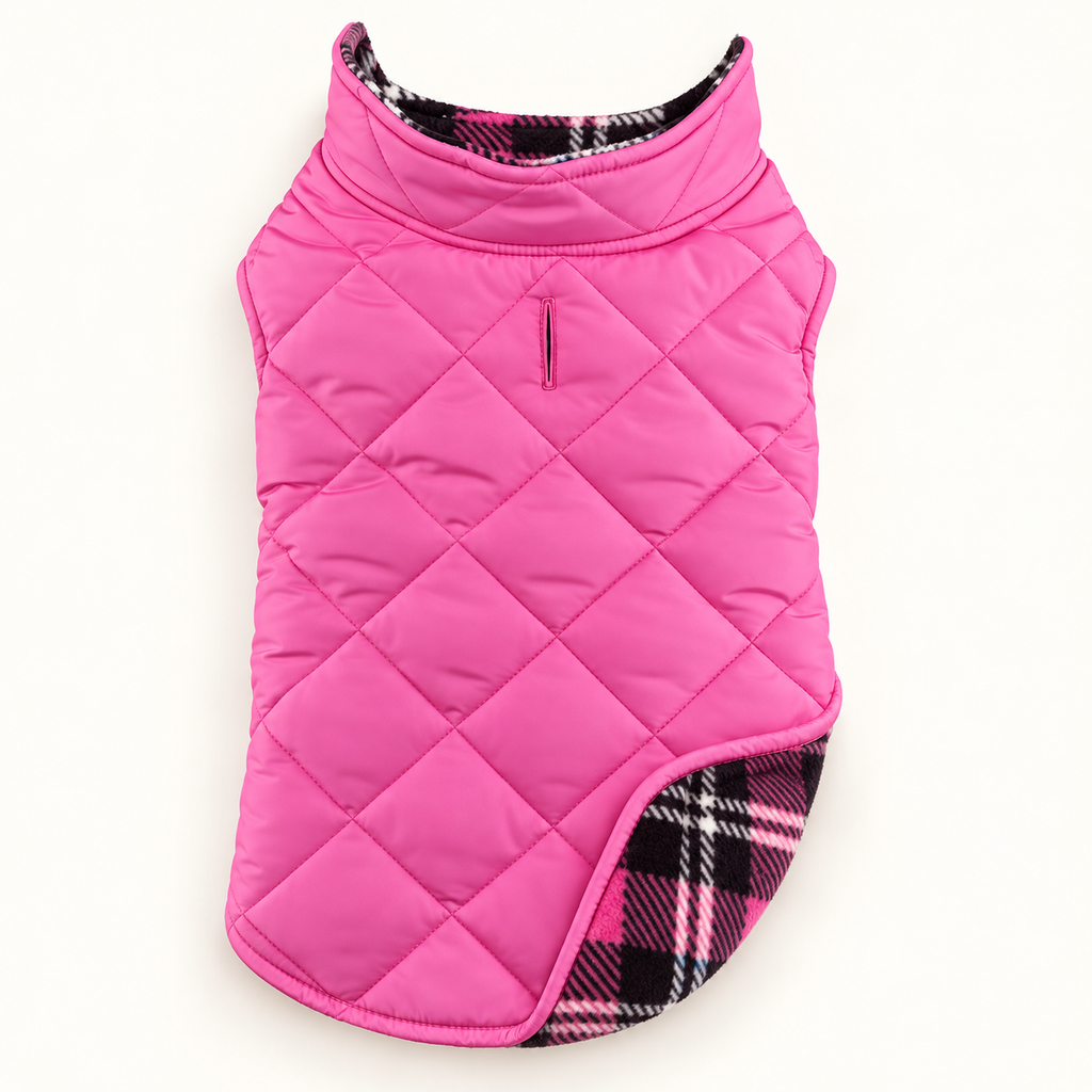 Pink Plaid Reversible Fleece-Lined Dog Puffer Coat