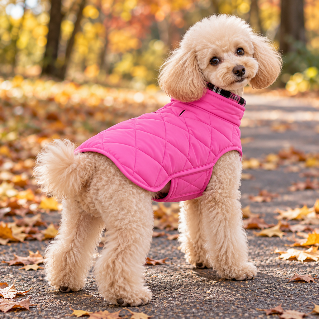 Pink Plaid Reversible Fleece-Lined Dog Puffer Coat