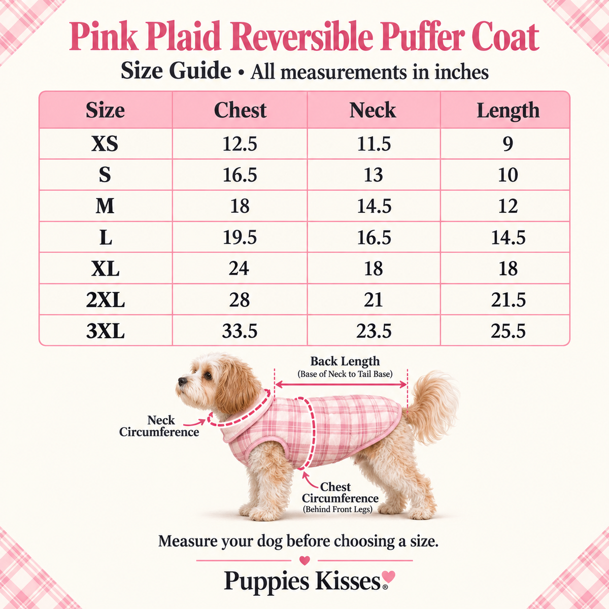 Pink Plaid Reversible Fleece-Lined Dog Puffer Coat