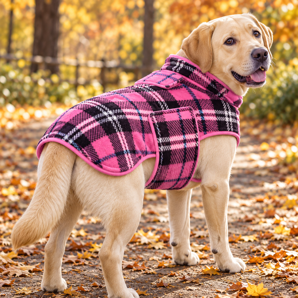 Pink Plaid Reversible Fleece-Lined Dog Puffer Coat