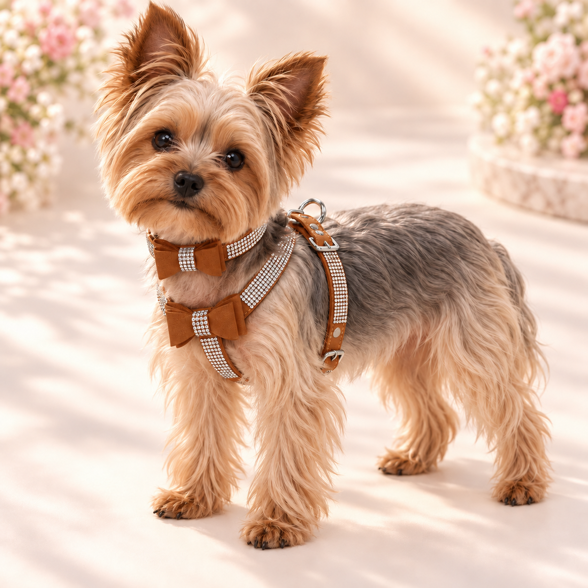 A small Yorkshire Terrier stands outdoors wearing a brown and white check harness with matching bow details. The dog is photographed in warm sunlight with blurred flowers in the background.