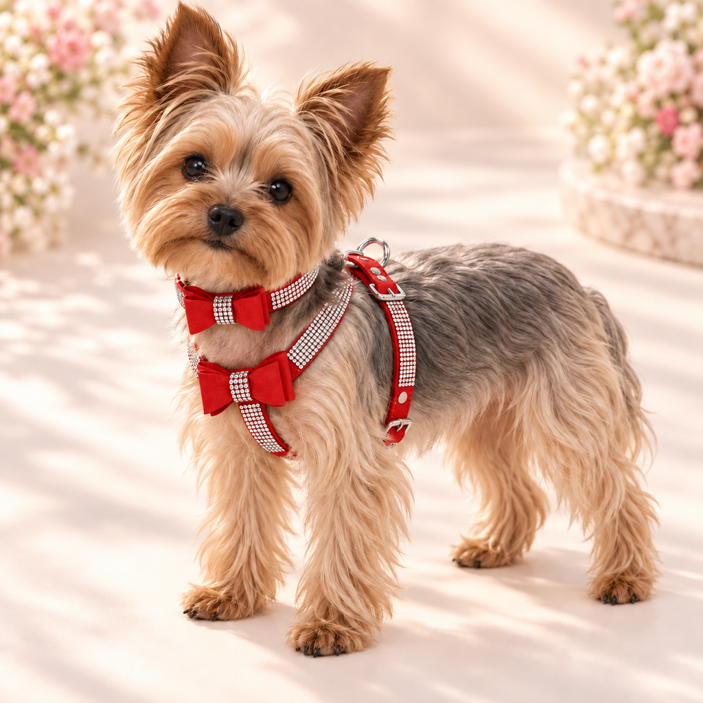 A small Yorkshire Terrier dog wearing a red and white checkered harness with two bow accents, standing outdoors on a sunlit white surface with blurred flowers in the background.