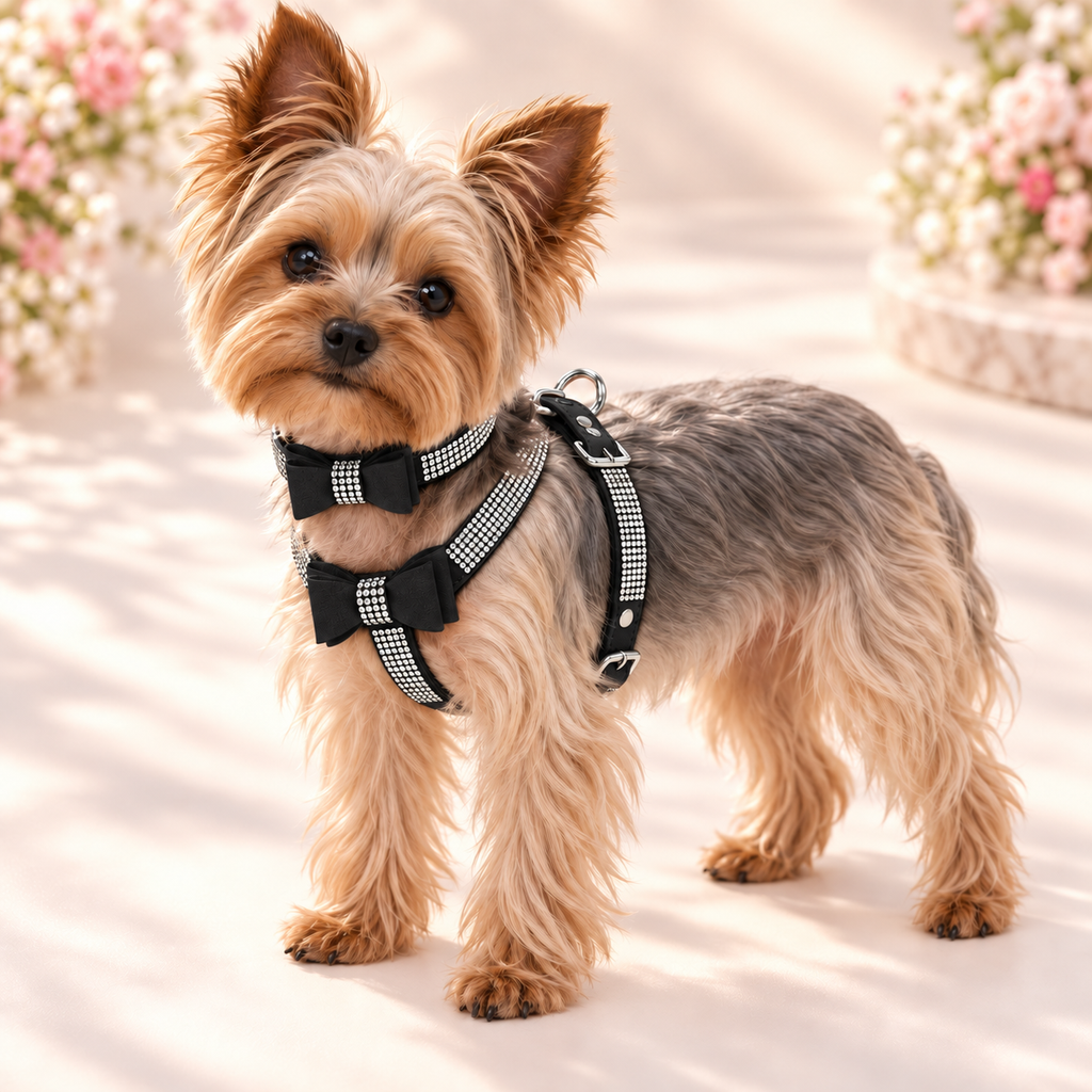 A small Yorkshire Terrier stands outdoors wearing a black and Rhinestone harness with bow details. The dog is photographed in warm sunlight with blurred flowers in the background.