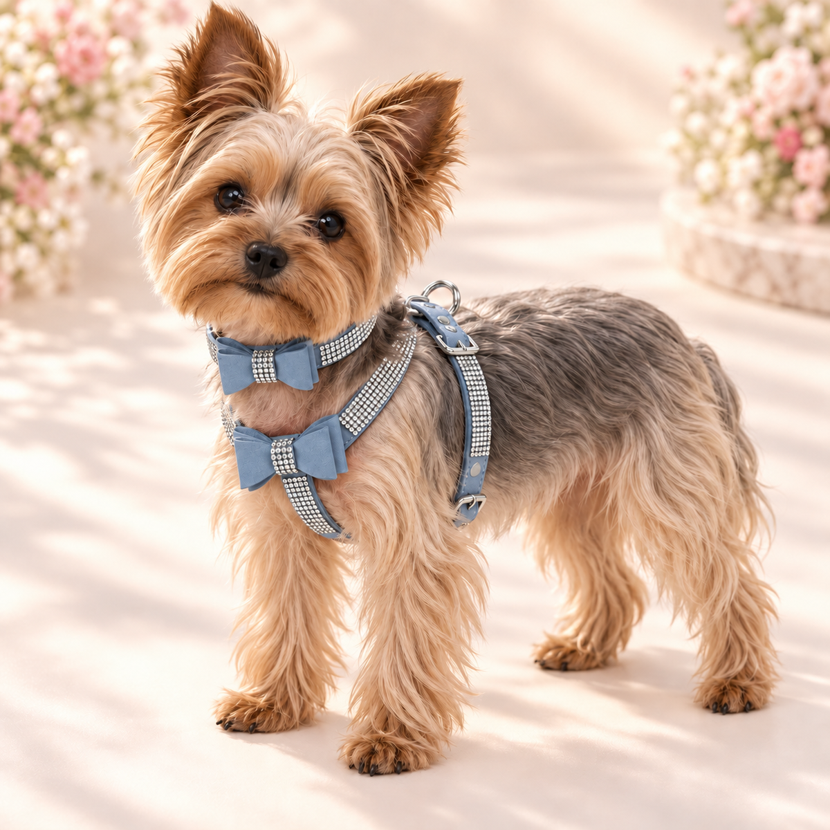 A small Yorkshire Terrier stands outdoors wearing a blue and white checkered harness with matching bow details. The dog is photographed in warm sunlight with blurred flowers in the background.