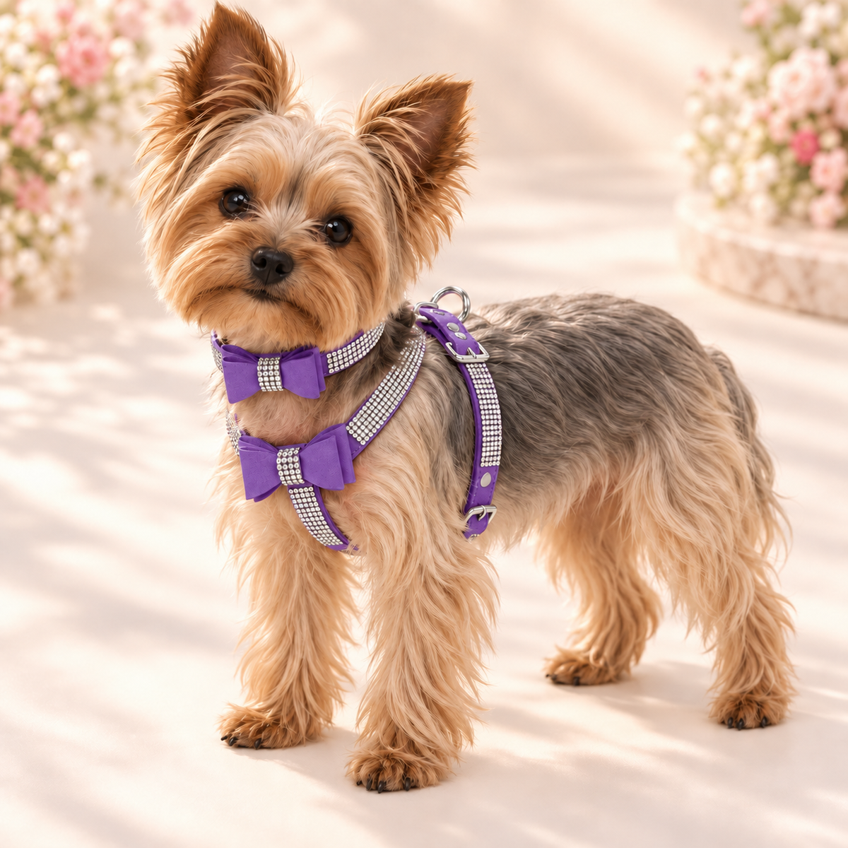 A small Yorkshire Terrier dog wearing a purple and white checkered harness with matching bow details, standing in a sunlit outdoor setting with blurred flowers in the background.