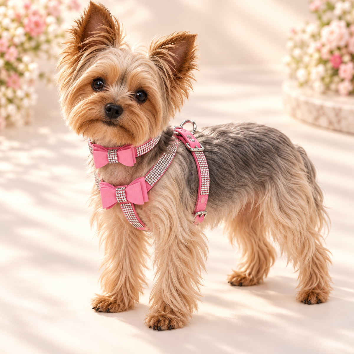 A small Yorkshire Terrier dog wearing a pink bow and checkered harness, standing outdoors on a sunlit paved surface with blurred flowers in the background.