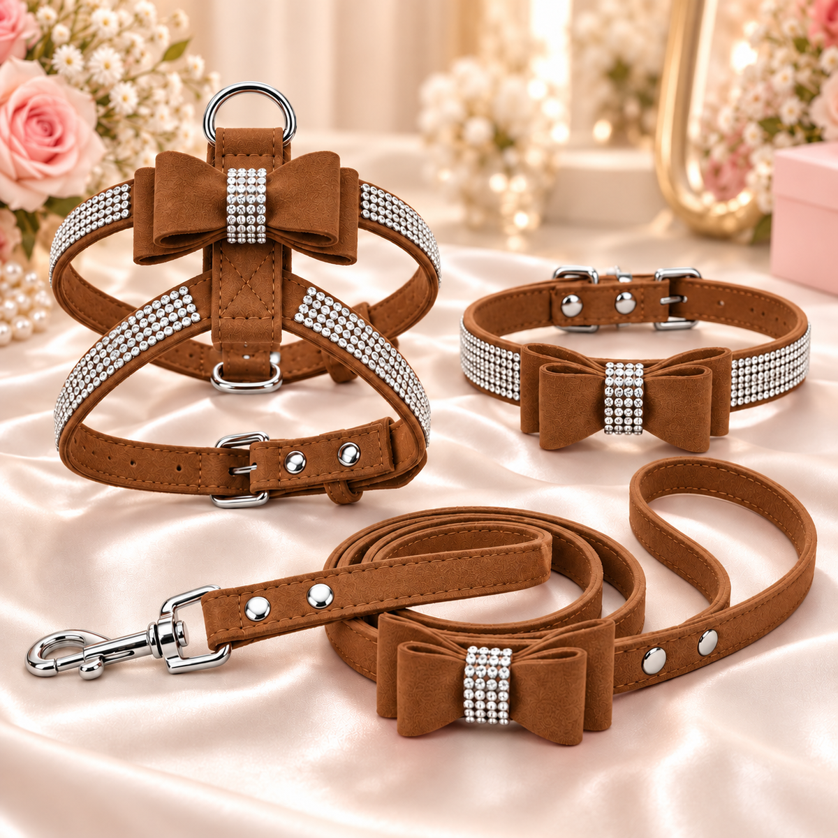 A set of brown faux-leather pet accessories with rhinestone bow details, including a collar, harness, leash, and choker, arranged on a pink satin fabric background.