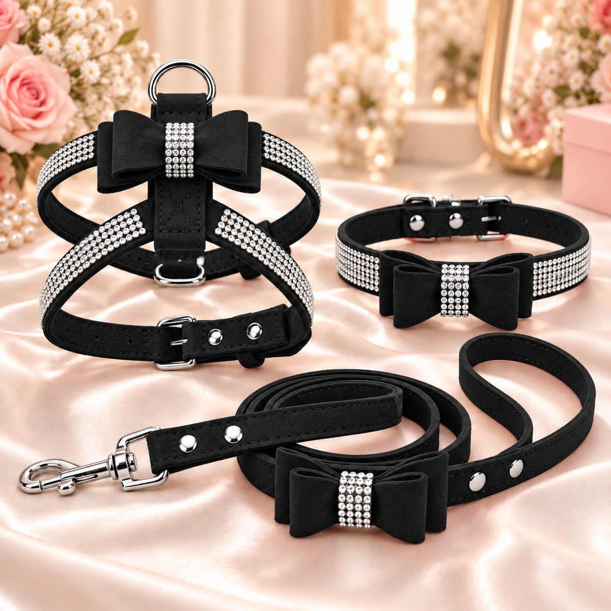 Black pet collar and leash set with large bow details and rhinestone embellishments, arranged on a satin fabric surface with blurred floral decor in the background.