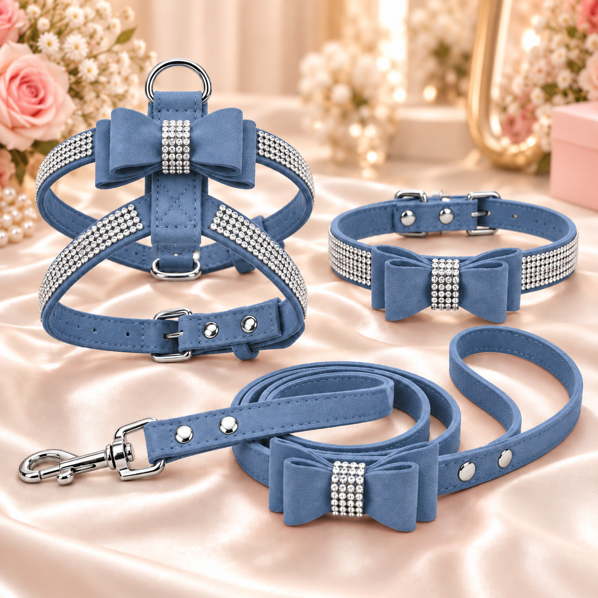A coordinated pet accessory set in dusty blue suede-like material with large bow details and rhinestone accents, including a harness, collar, leash, and matching headband, arranged on a satin fabric surface with soft floral decor in the background.