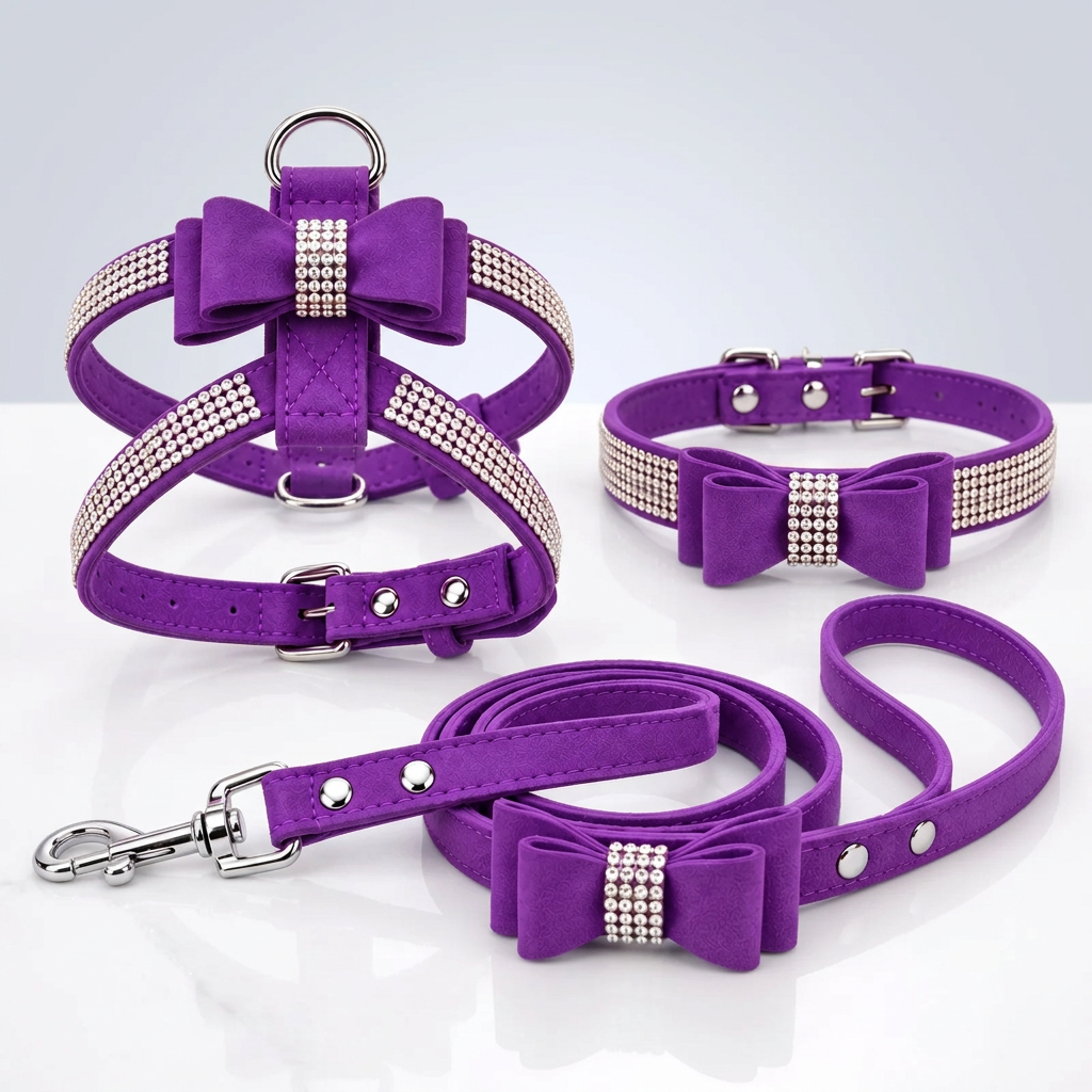 Bling Rhinestone Bow Dog Harness Collar & Leash Set – Small Dogs