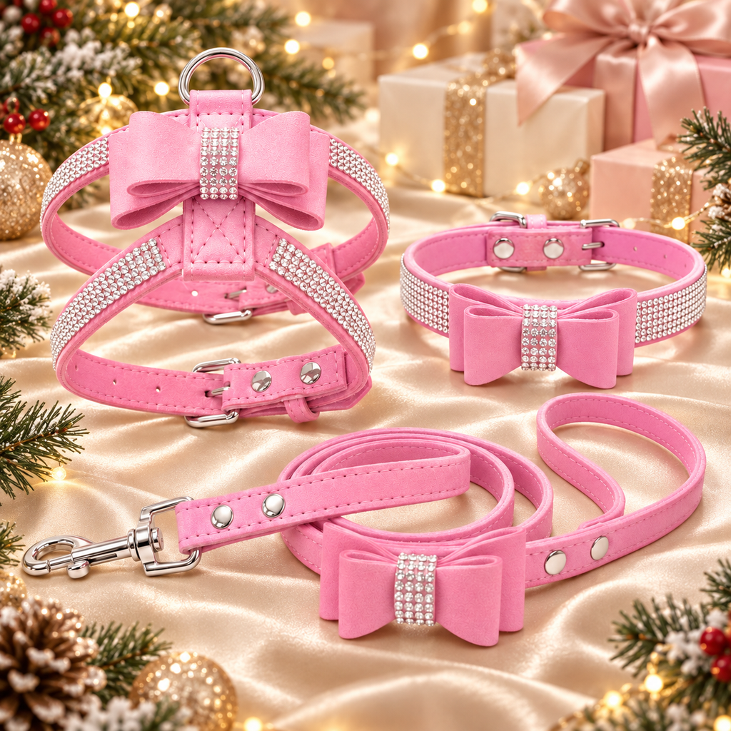 Pink faux-leather pet collar, leash, and harness set with large bow details and rhinestone trim, arranged on a champagne satin surface with holiday decorations and gift boxes in the background.