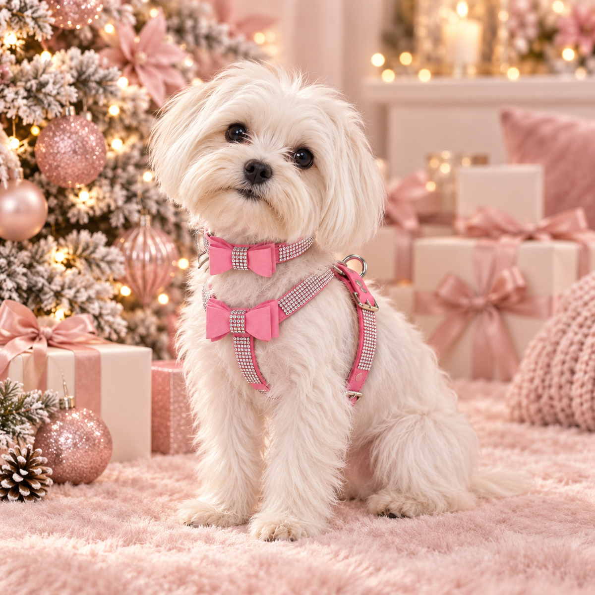 A small white dog wearing a pink and white checkered harness with two bow accents, sitting on a pink rug next to a decorated Christmas tree and wrapped gift boxes.