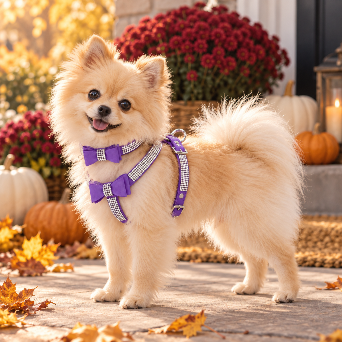 A fluffy cream Pomeranian dog stands outdoors wearing a purple harness with matching bow accents. The scene is decorated for autumn, with pumpkins, red mums, and fallen leaves in the background.