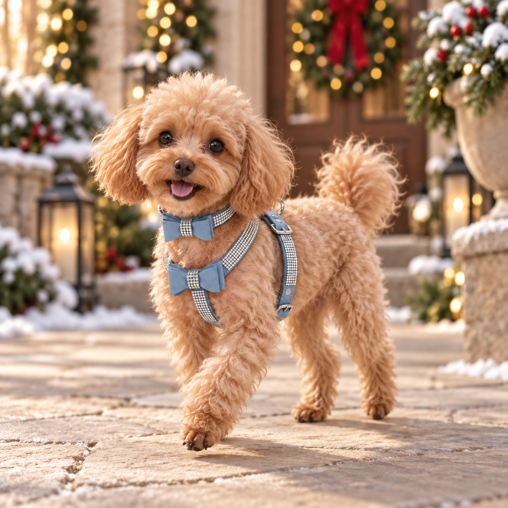 A small fluffy tan dog wearing a blue plaid harness and matching bow tie, standing on a stone walkway in a snowy holiday outdoor setting with lights and wreaths in the background.