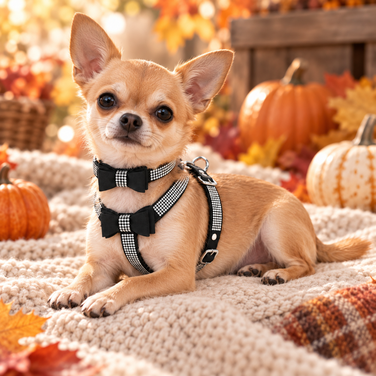 A small tan Chihuahua dog wearing a black and white gingham harness with matching bow tie collar, lying on a cozy cream knit blanket with pumpkins and autumn leaves in the background.