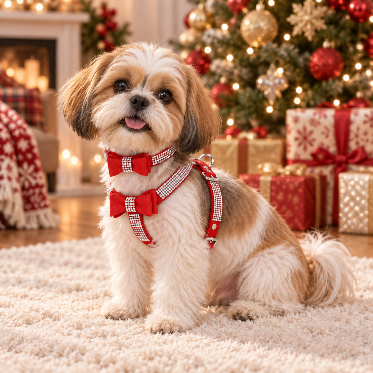 A small fluffy dog wearing a red and white checkered harness with matching bow accessories, sitting on a cream rug in a cozy holiday living room with a Christmas tree and wrapped presents in the background.