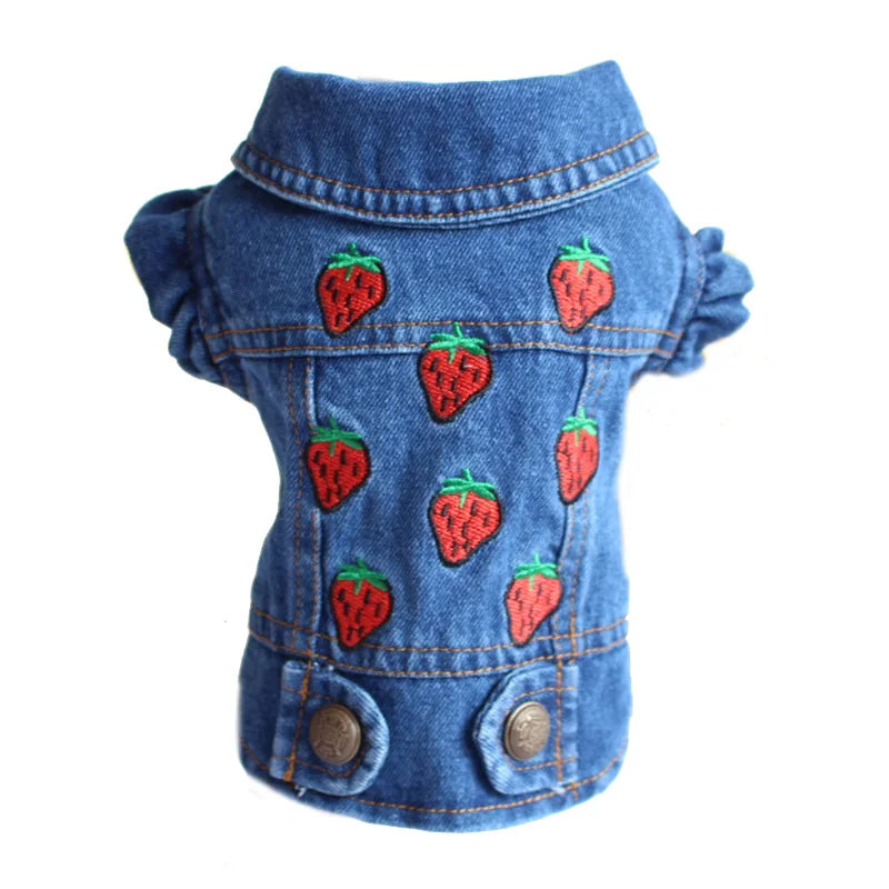 Denim jacket with strawberry patterns on a white background