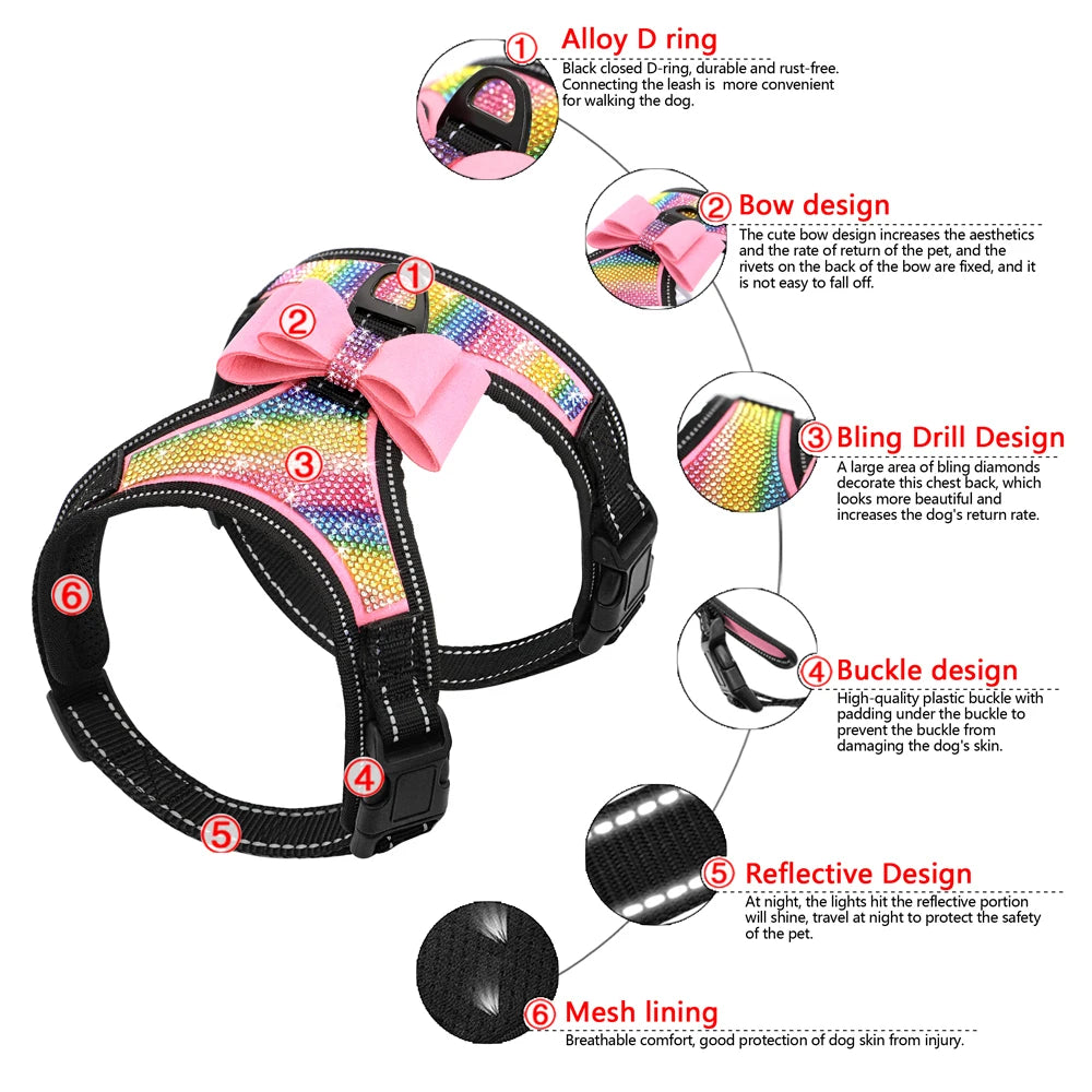Dog harness with colorful design and features labeled on a white background