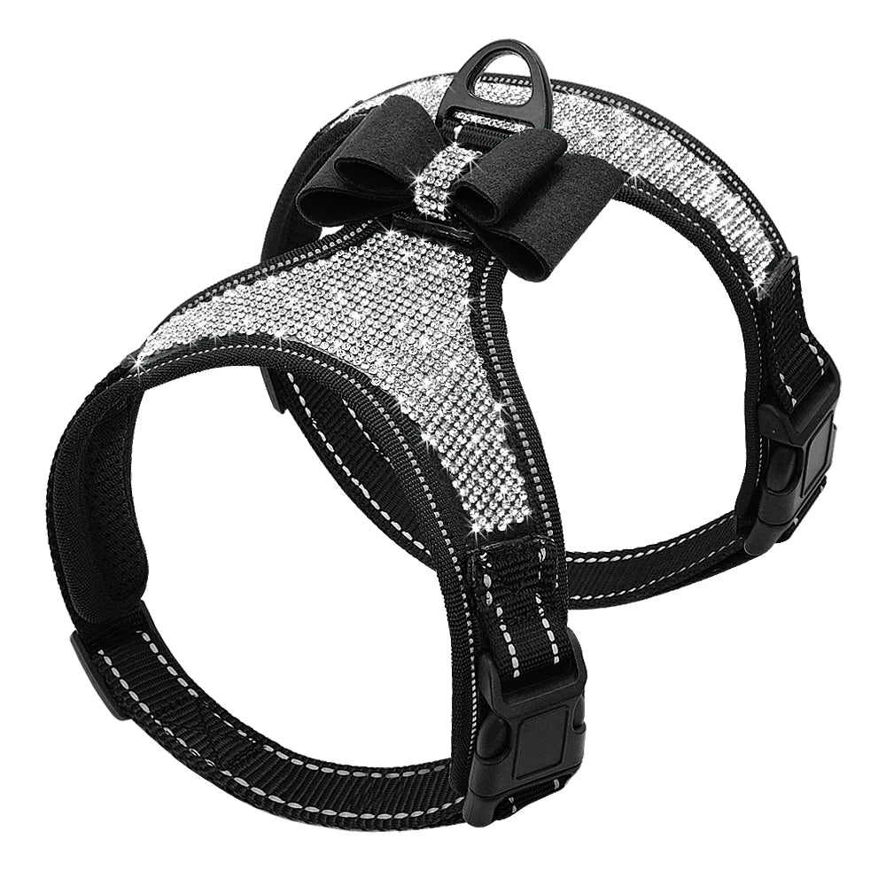 Rhinestone Bling Dog Harness with Bowknot – Reflective Nylon Vest for Small & Medium Dogs
