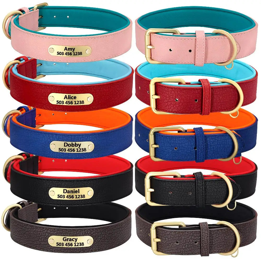 Custom Engraved Genuine Leather Dog Collar – Personalized ID Plate Tag, 2-Layer Padded