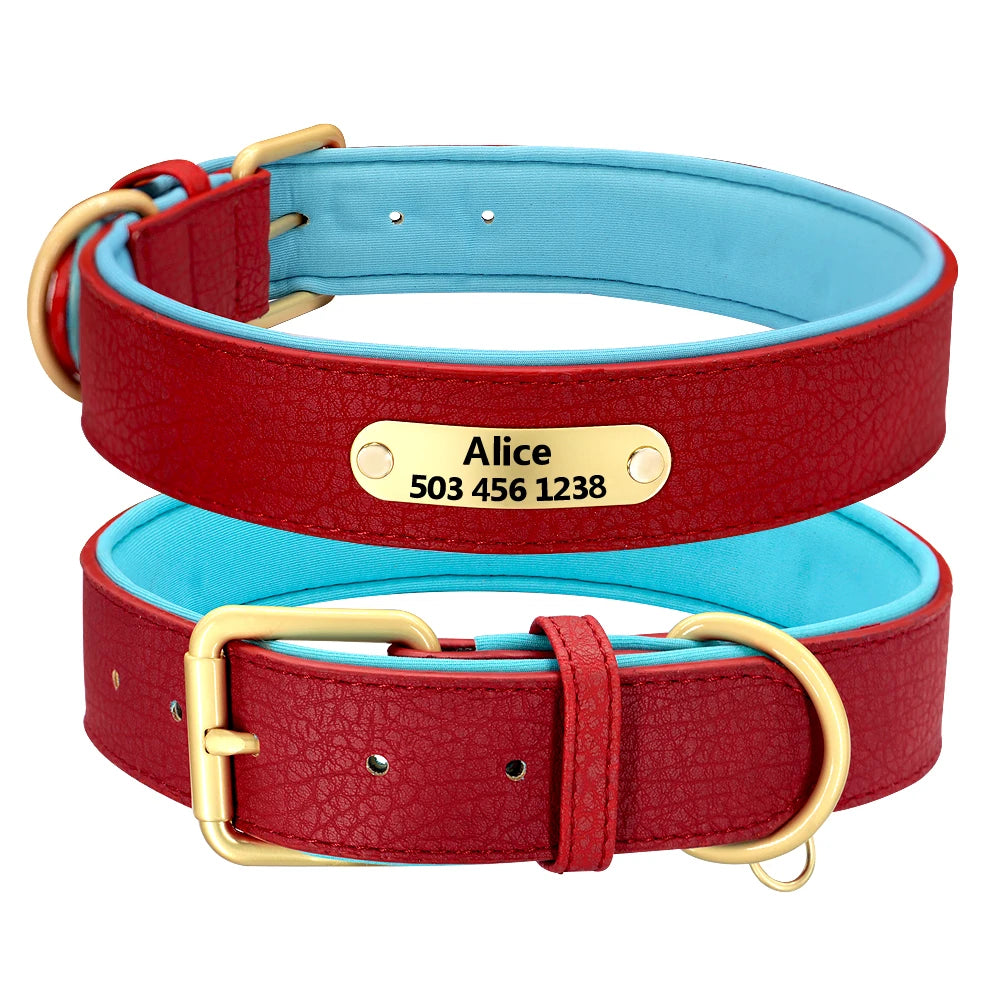 Custom Engraved Genuine Leather Dog Collar – Personalized ID Plate Tag, 2-Layer Padded