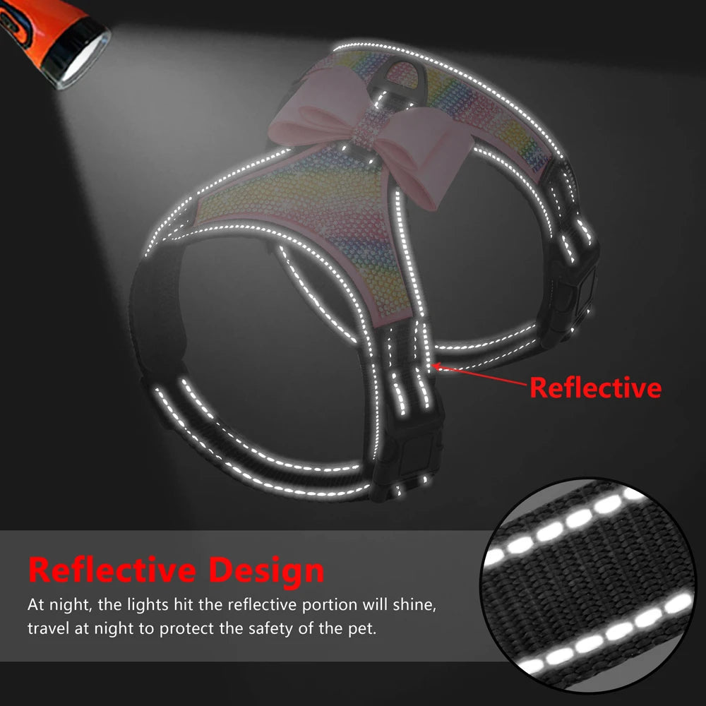 Reflective dog harness with a flashlight highlighting the reflective design on a dark background.
