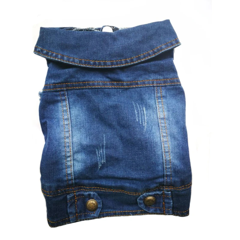 A blue denim pet jacket with distressed details, shown flat against a white background.