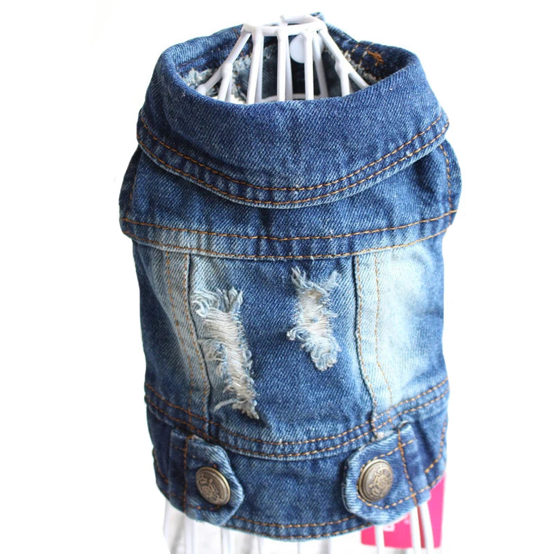 Denim jacket with distressed details on a white background
