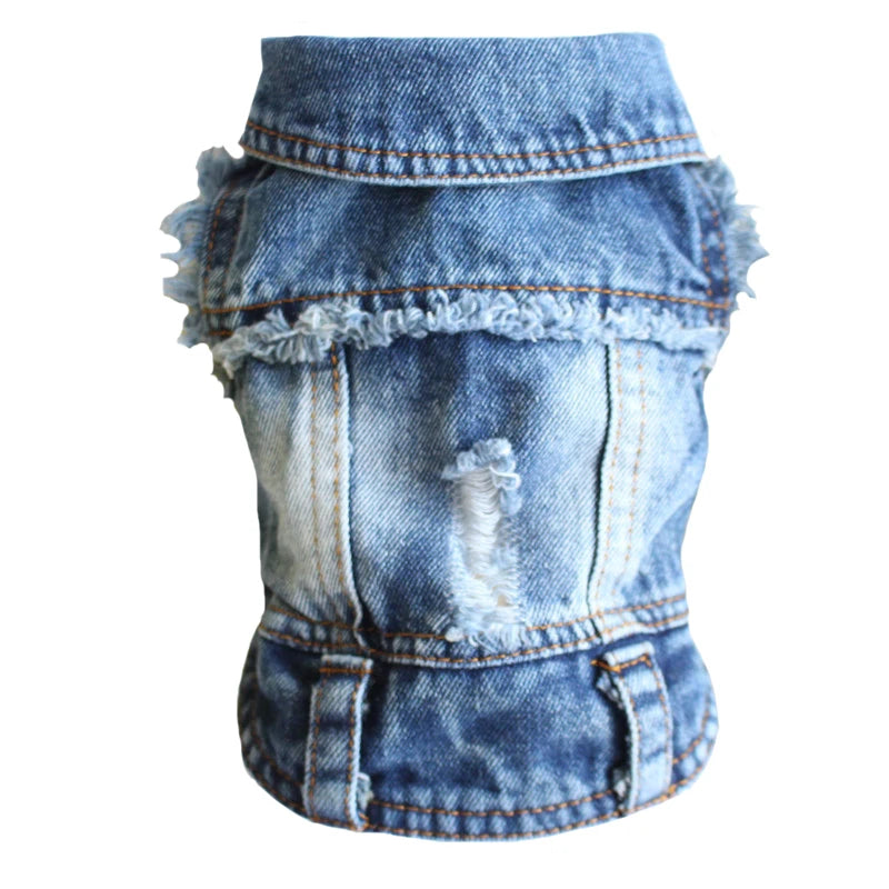 Light blue denim pet jacket with distressed details, frayed edges, and front pockets, shown against a plain white background.