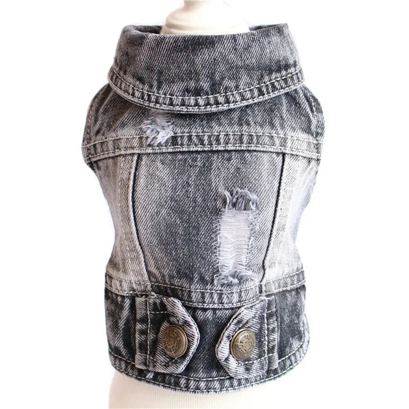 Denim dog vest on a mannequin against a white background