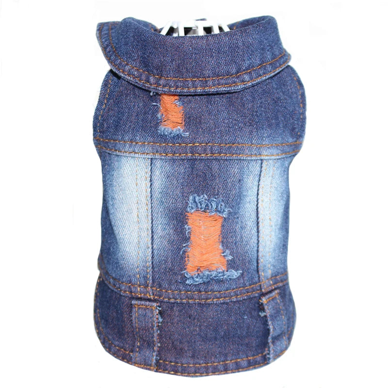 A small blue denim pet jacket with distressed rips and orange stitching, displayed on a white mannequin torso against a white background.