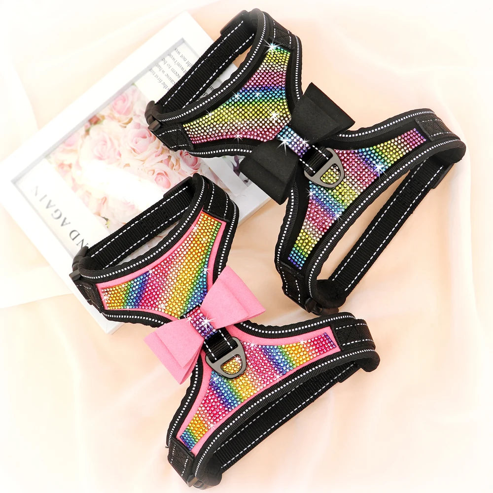 Rhinestone Bling Dog Harness with Bowknot – Reflective Nylon Vest for Small & Medium Dogs