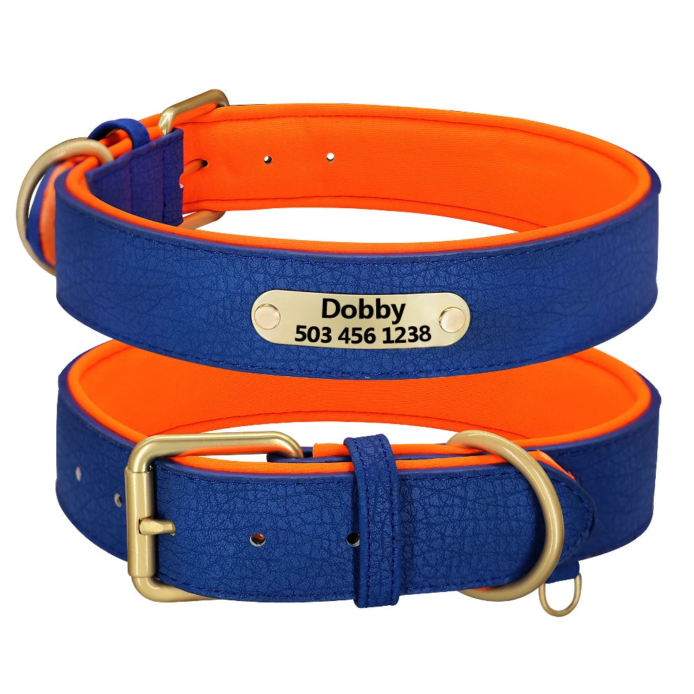 Custom Engraved Genuine Leather Dog Collar – Personalized ID Plate Tag, 2-Layer Padded