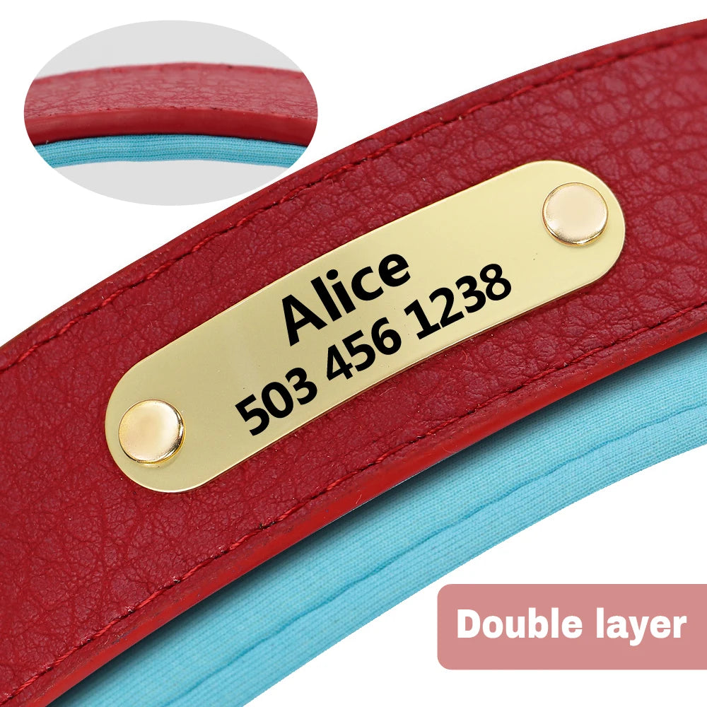 Custom Engraved Genuine Leather Dog Collar – Personalized ID Plate Tag, 2-Layer Padded