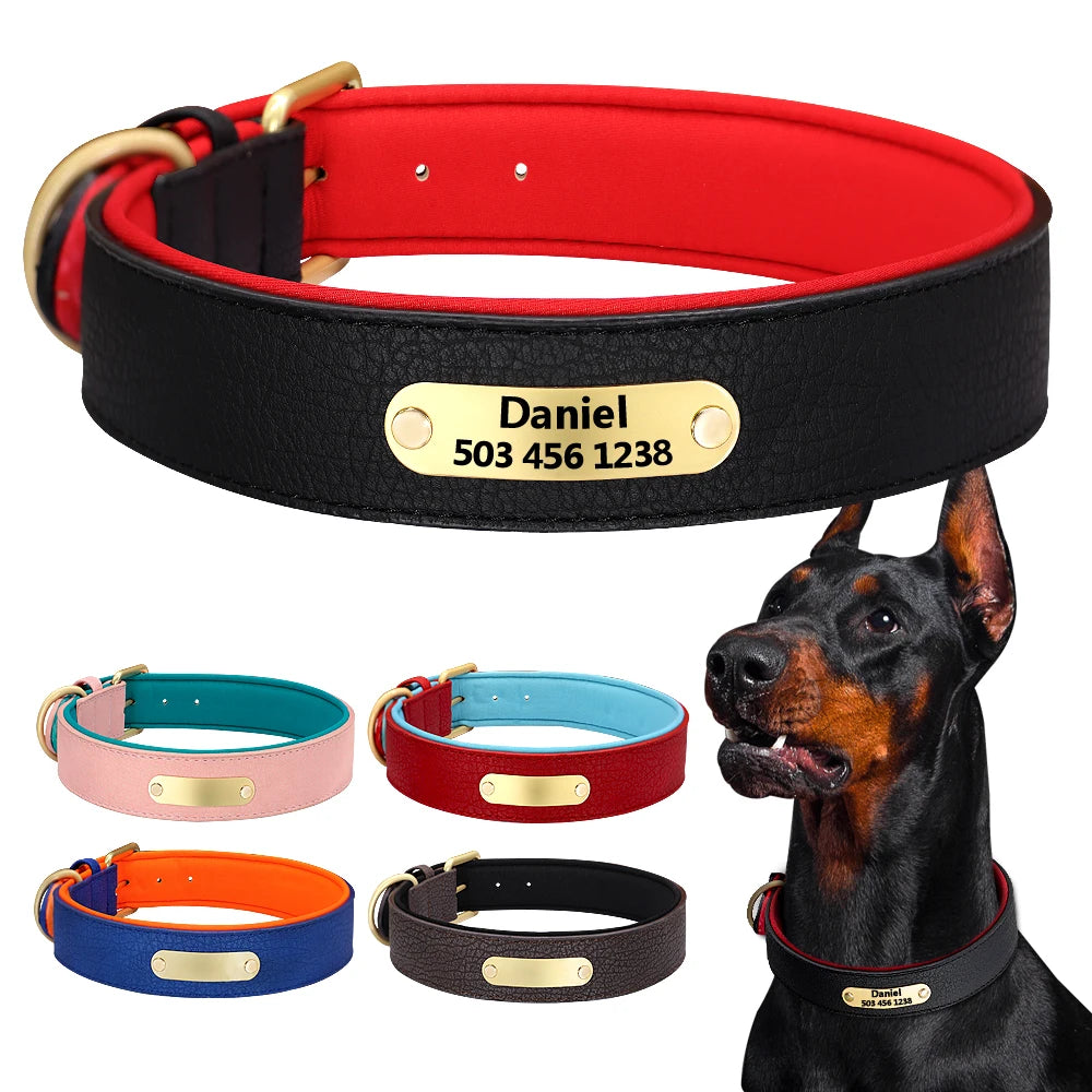 Custom Engraved Genuine Leather Dog Collar – Personalized ID Plate Tag, 2-Layer Padded