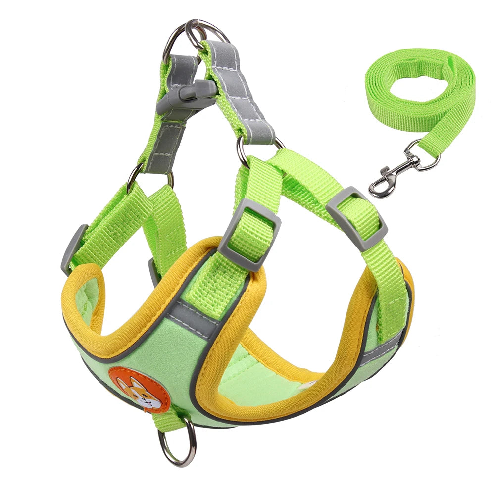 Green and yellow dog harness with reflective stripes on a white background