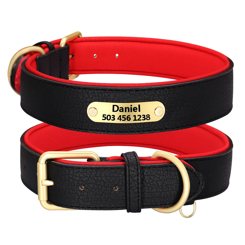 Custom Engraved Genuine Leather Dog Collar – Personalized ID Plate Tag, 2-Layer Padded