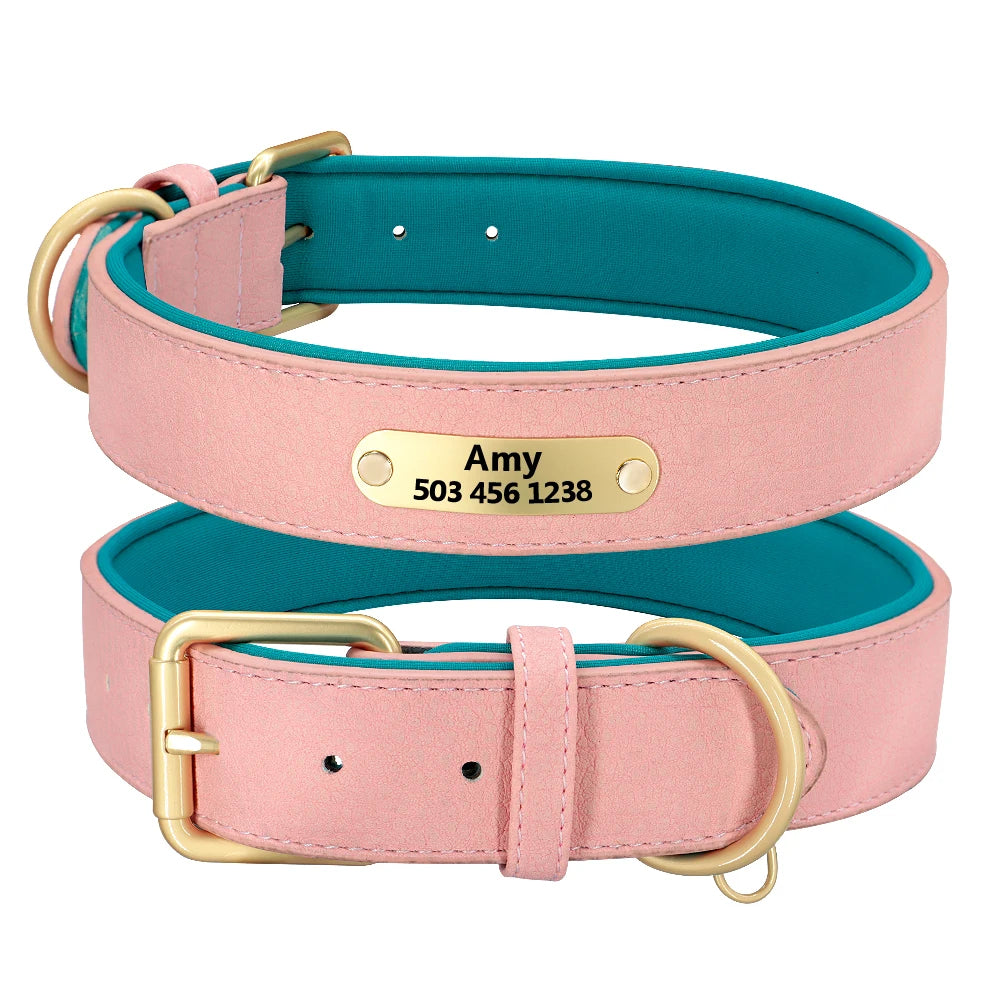 Custom Engraved Genuine Leather Dog Collar – Personalized ID Plate Tag, 2-Layer Padded