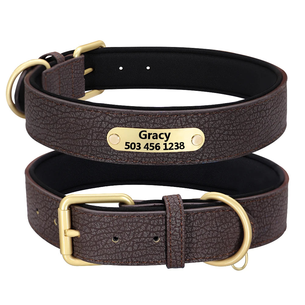 Custom Engraved Genuine Leather Dog Collar – Personalized ID Plate Tag, 2-Layer Padded