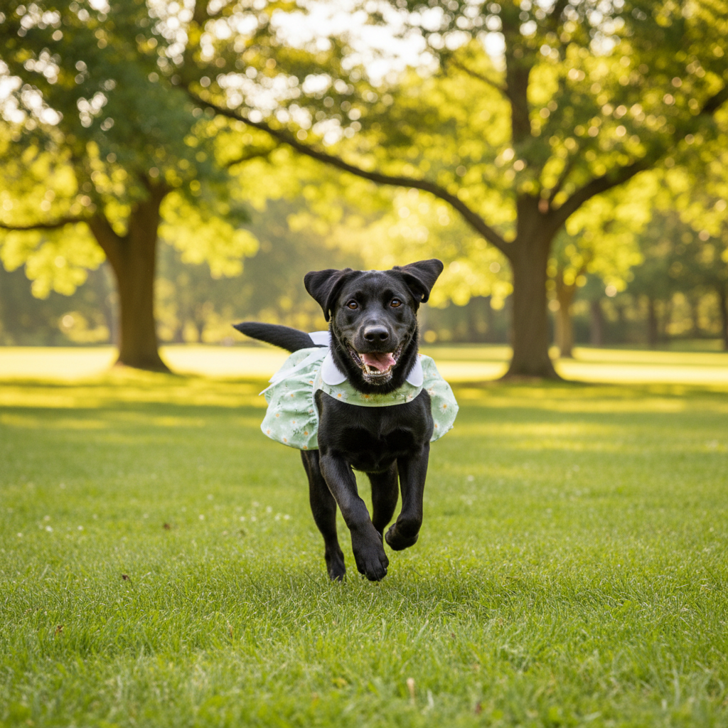 Black dog wearing a white dress with green pattern on a white background