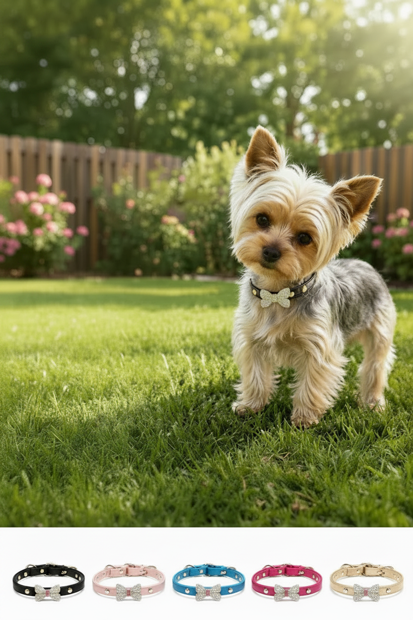 Yorkie Dog wearing a bow diamond collar with product details on a grassy background